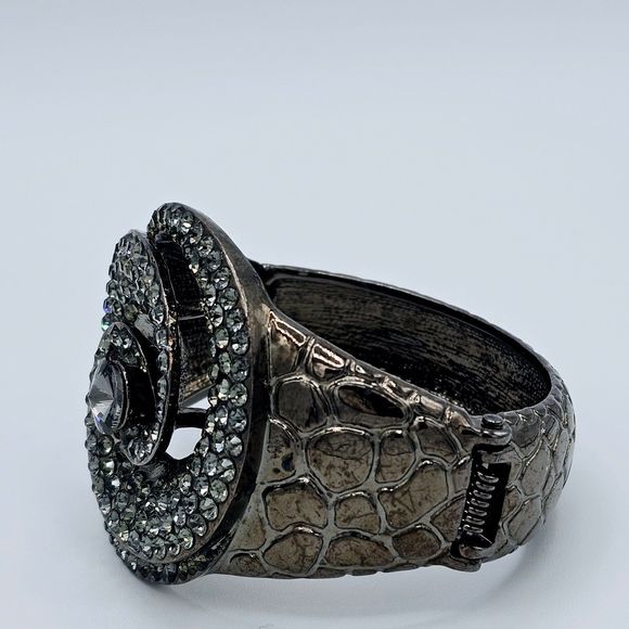 Statement Bracelet Pave Rhinestone Floral Swirl Gem Gun Metal Reptile Print Cuff - Picture 5 of 11